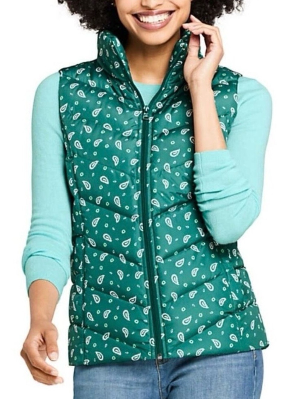 Lands’ End Women’s down and feathers puffer vest Size L Green paisley puffy vest